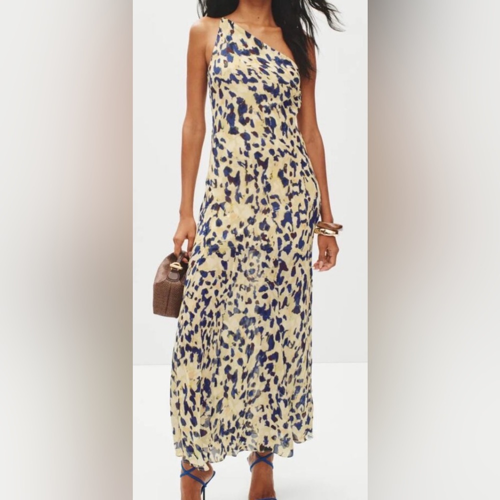 Shona Joy One-Shoulder Blue and Cream Kinetic Utopian Print Maxi Dress